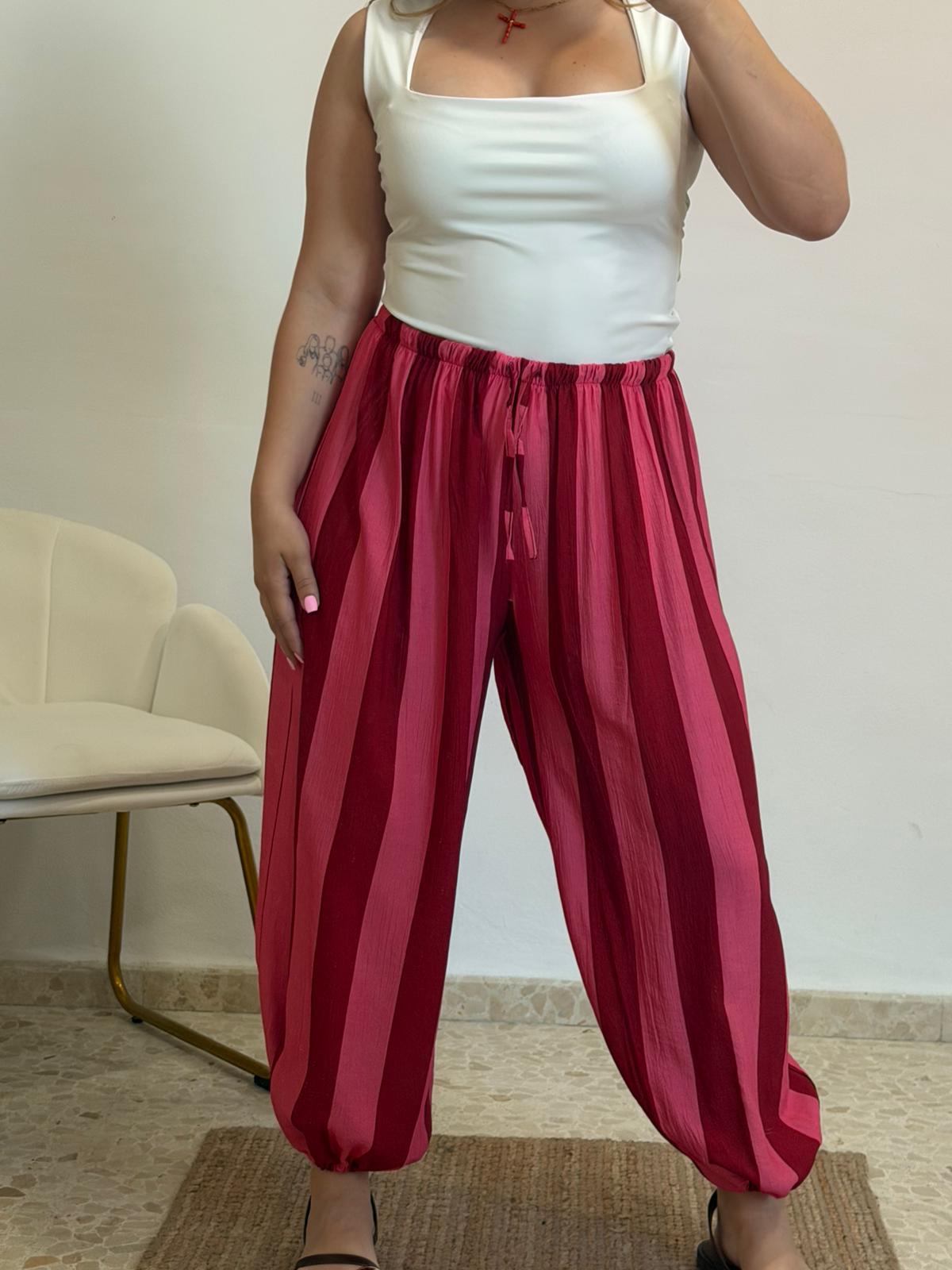 PANTALON GLOBO CORAL Y BURDEOS