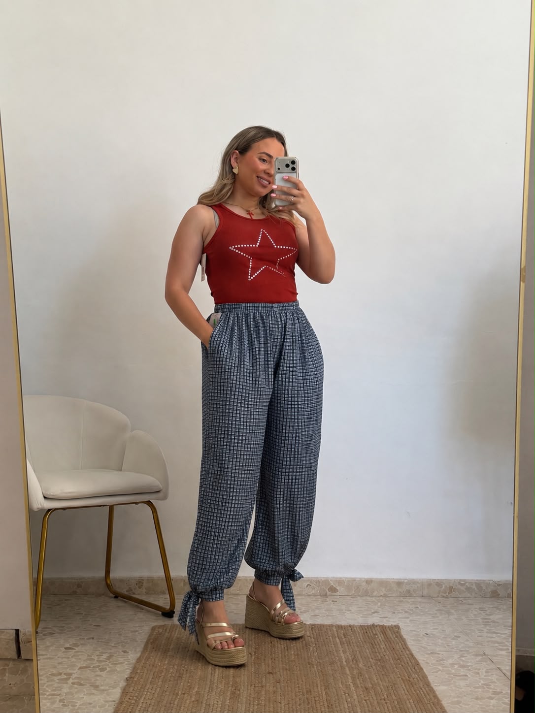 PANTALON GLOBO CUADROS AZUL
