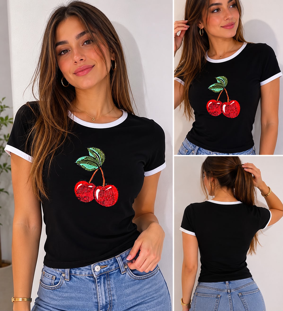 CAMISETA CEREZA NEGRA Y BLANCA