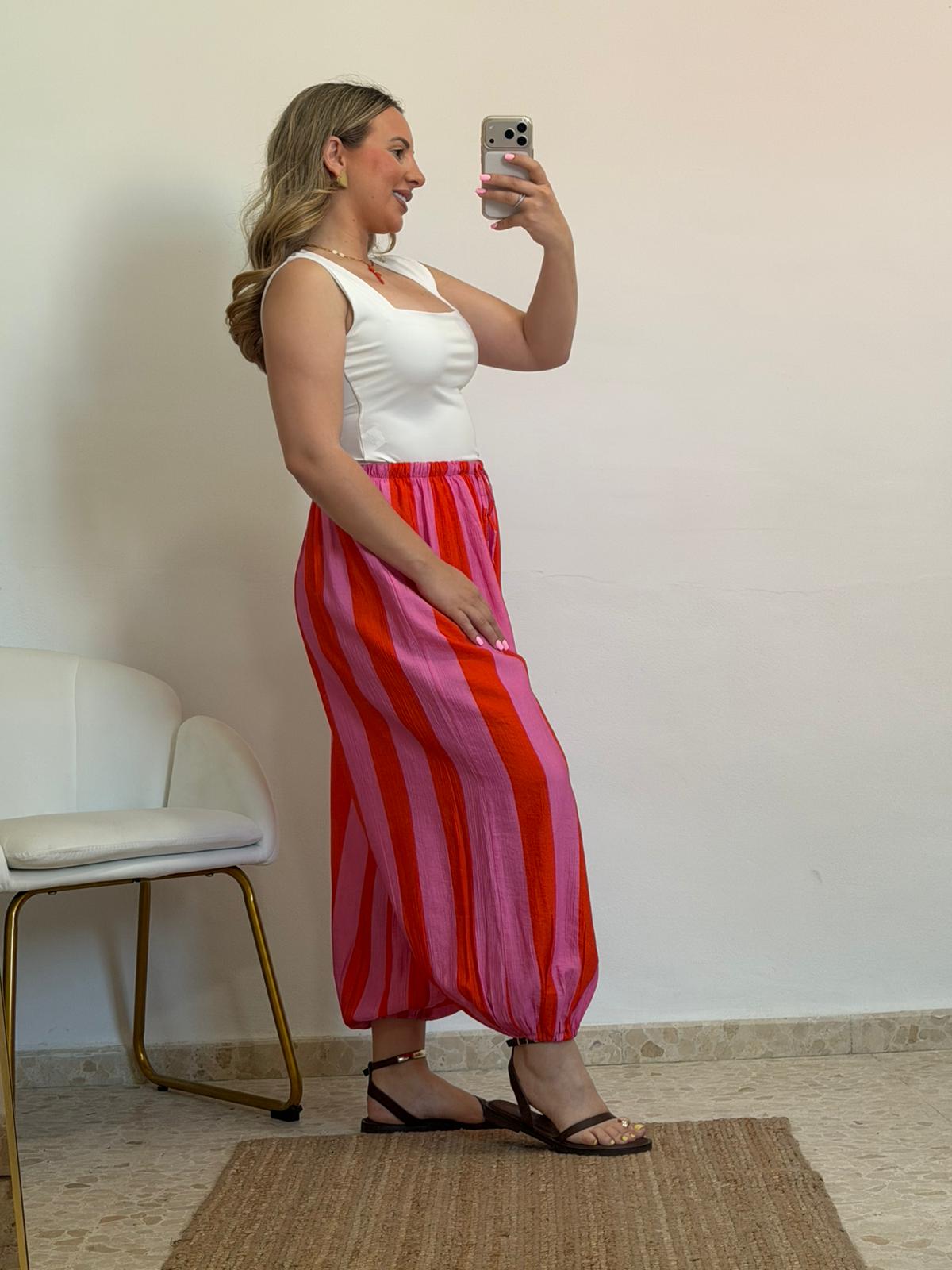 PANTALON GLOBO NARANJA Y ROSA