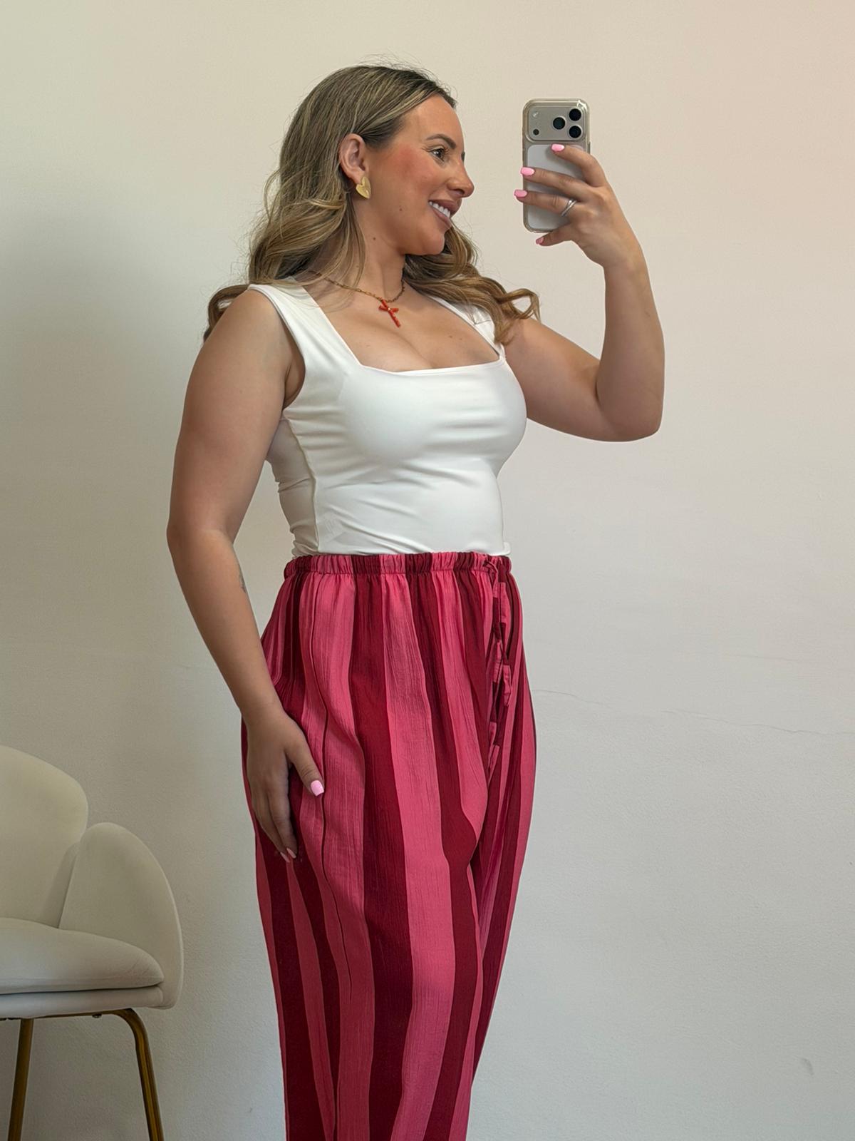 PANTALON GLOBO CORAL Y BURDEOS