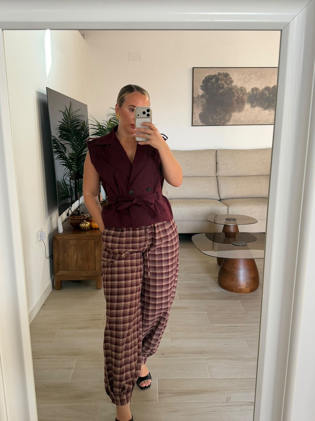PANTALON CUADROS BURDEOS