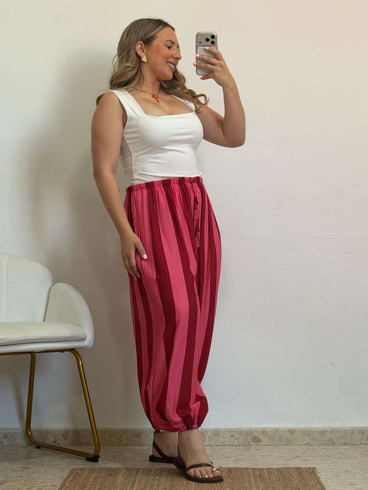 PANTALON GLOBO CORAL Y BURDEOS