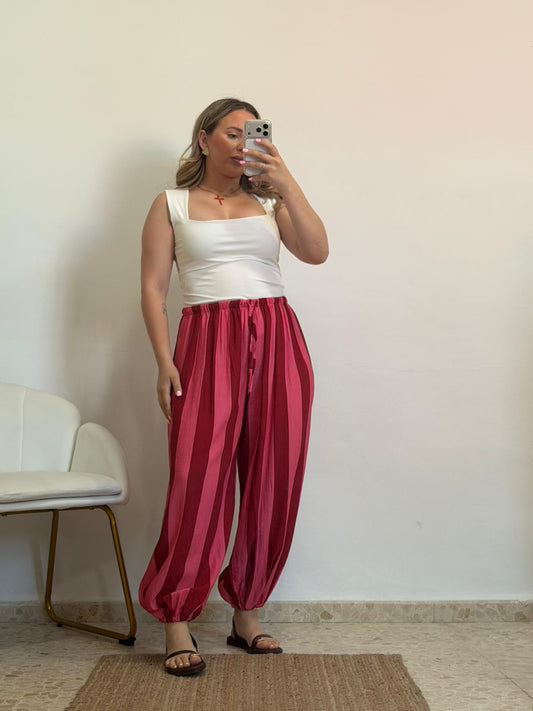 PANTALON GLOBO CORAL Y BURDEOS