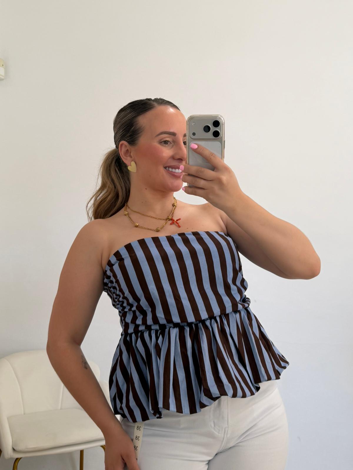 TOP RAYAS CELESTE Y MARRON