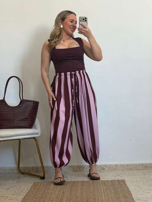 PANTALON GLOBO ROSA Y BURDEOS