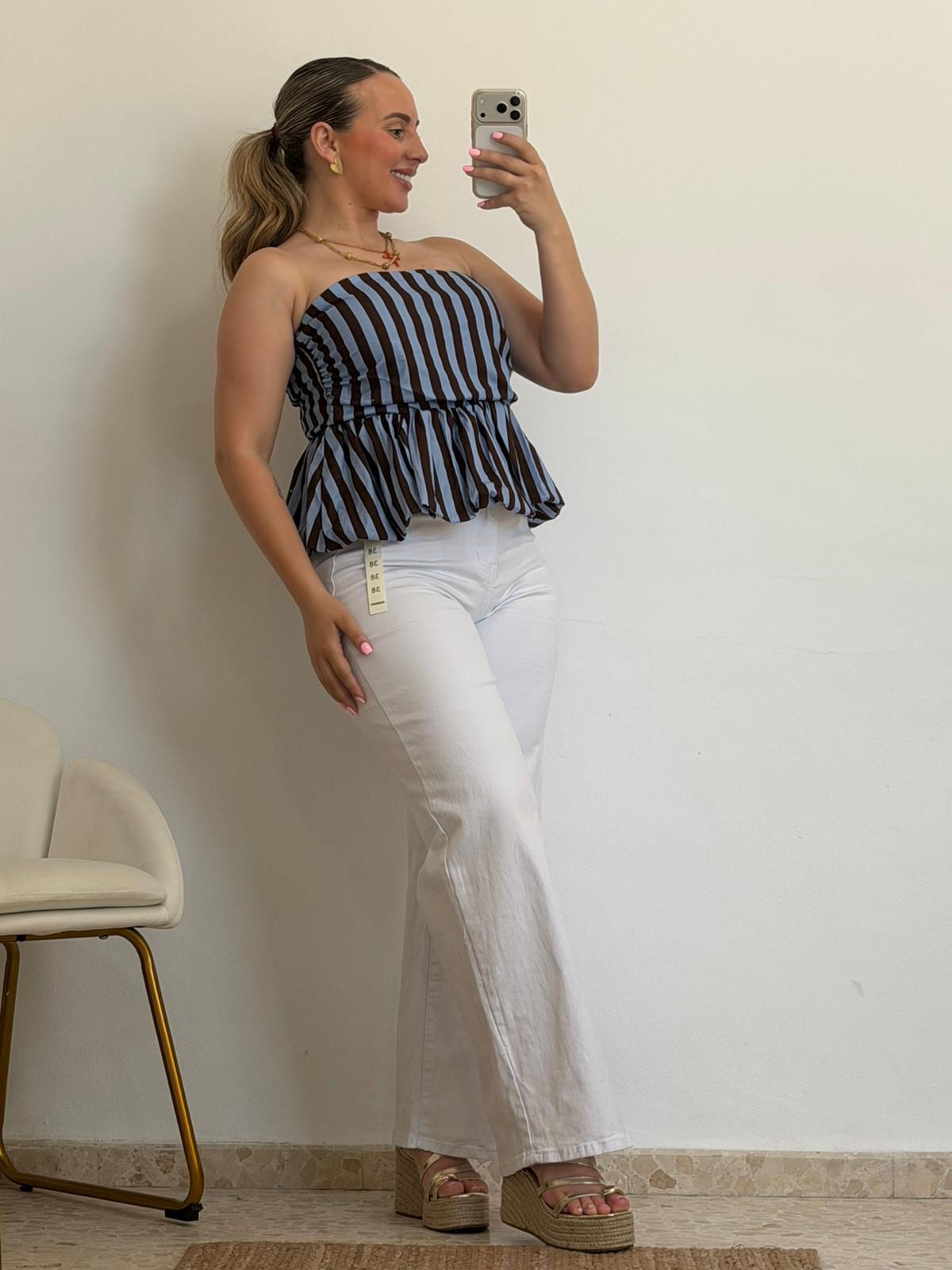 TOP RAYAS CELESTE Y MARRON