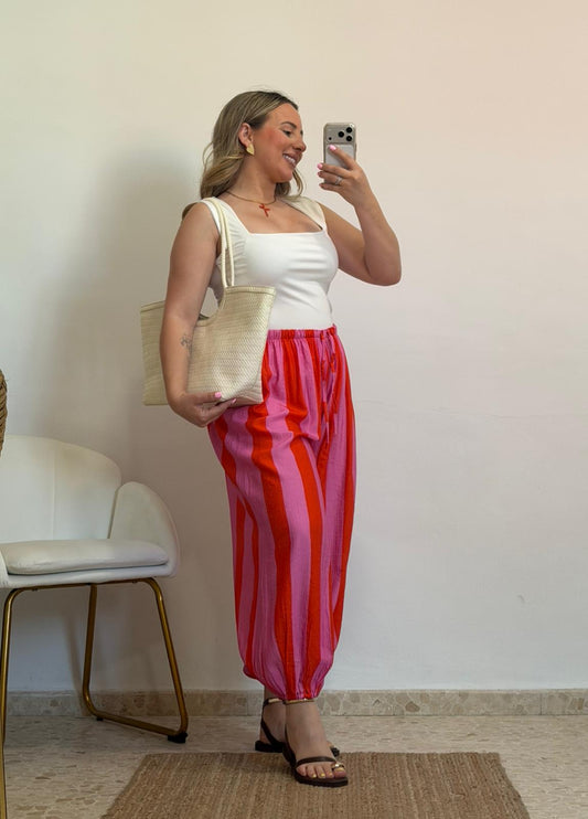 PANTALON GLOBO ROSA Y CORAL