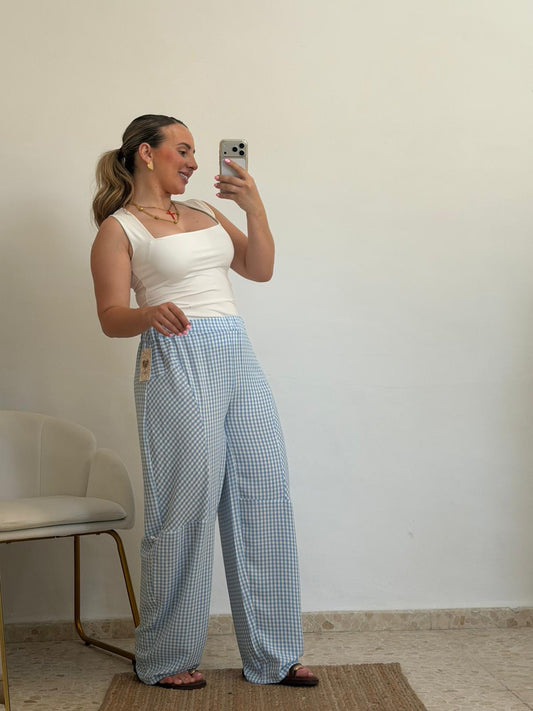 PANTALON VICHY CELESTE