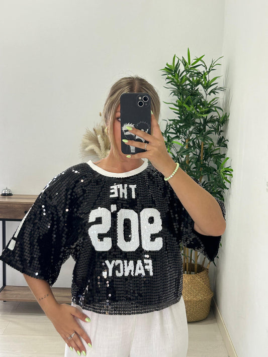 CAMISETA LENTEJUELA OK NEGRA