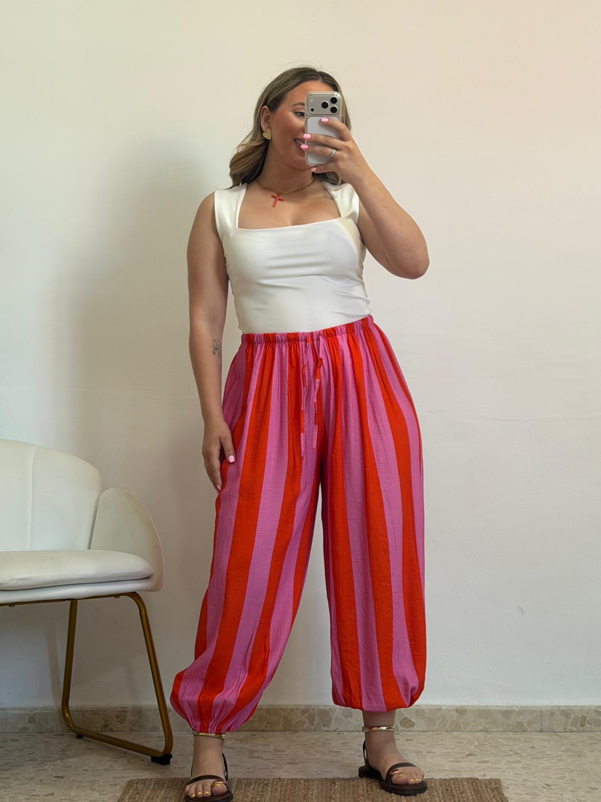 PANTALON GLOBO NARANJA Y ROSA