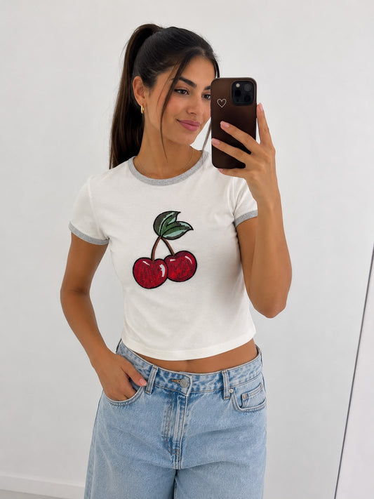 CAMISETA CEREZA BLANCO Y GRIS