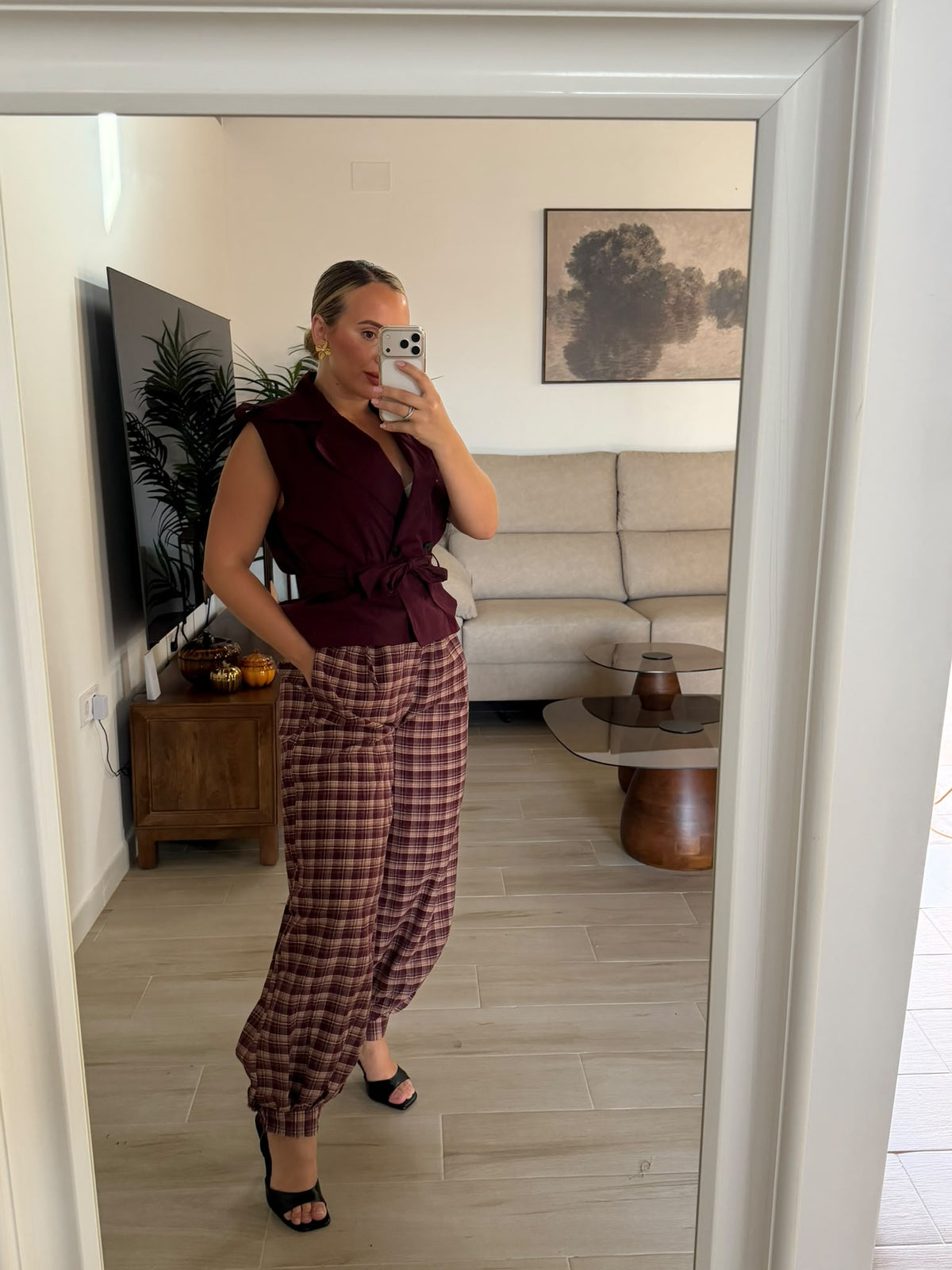 PANTALON CUADROS BURDEOS