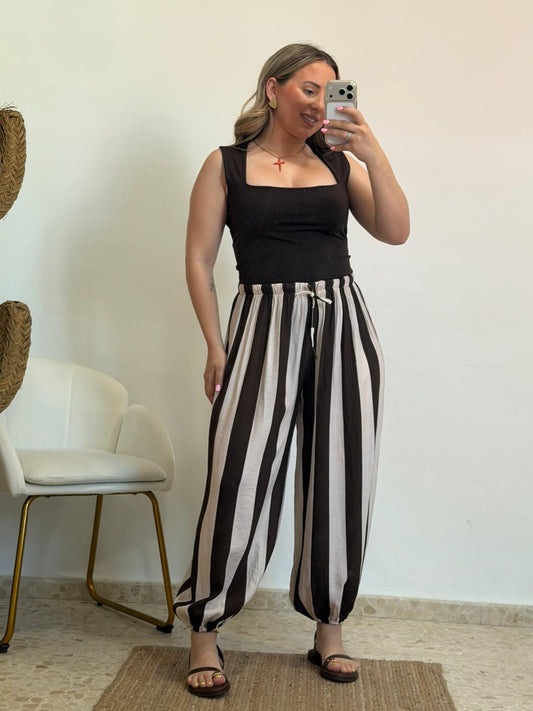 PANTALON GLOBO BEIGE Y MARRON CHOCOLATE